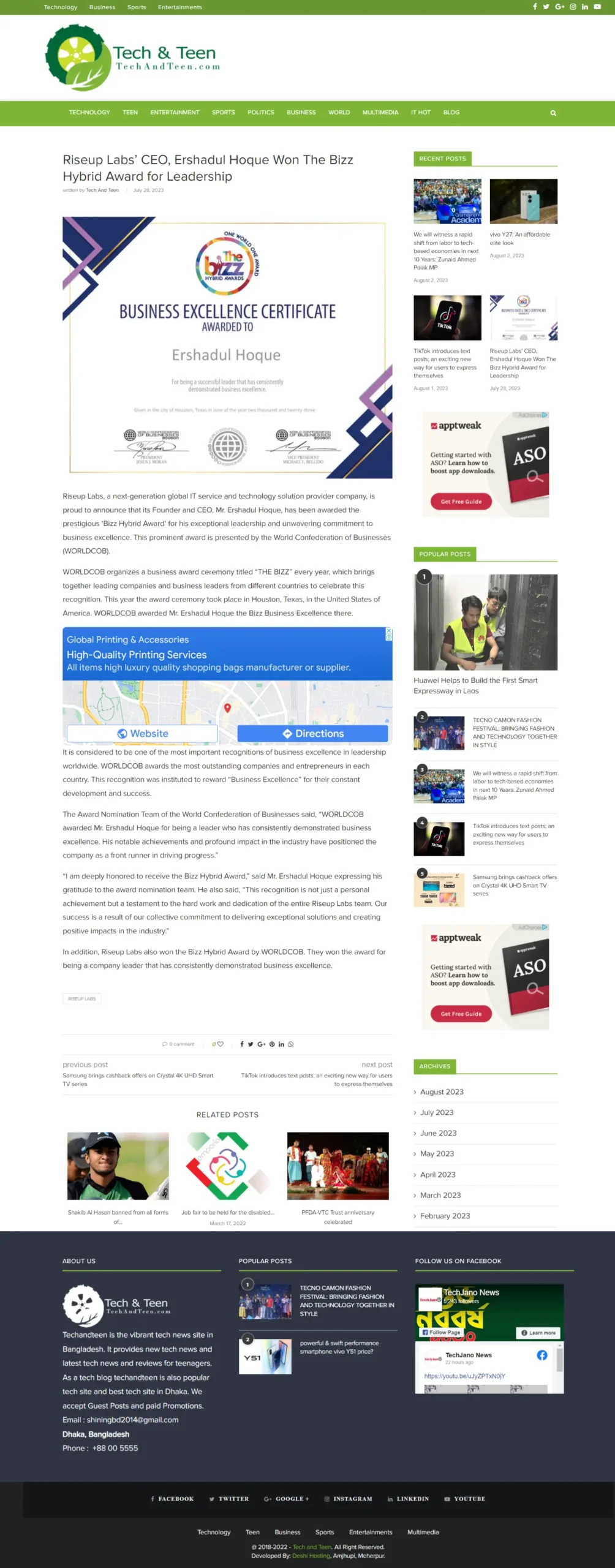 Riseup Labs’ CEO Ershadul Hoque Received Bizz Hybrid Award from WORLDCOB news by Tech and Teen